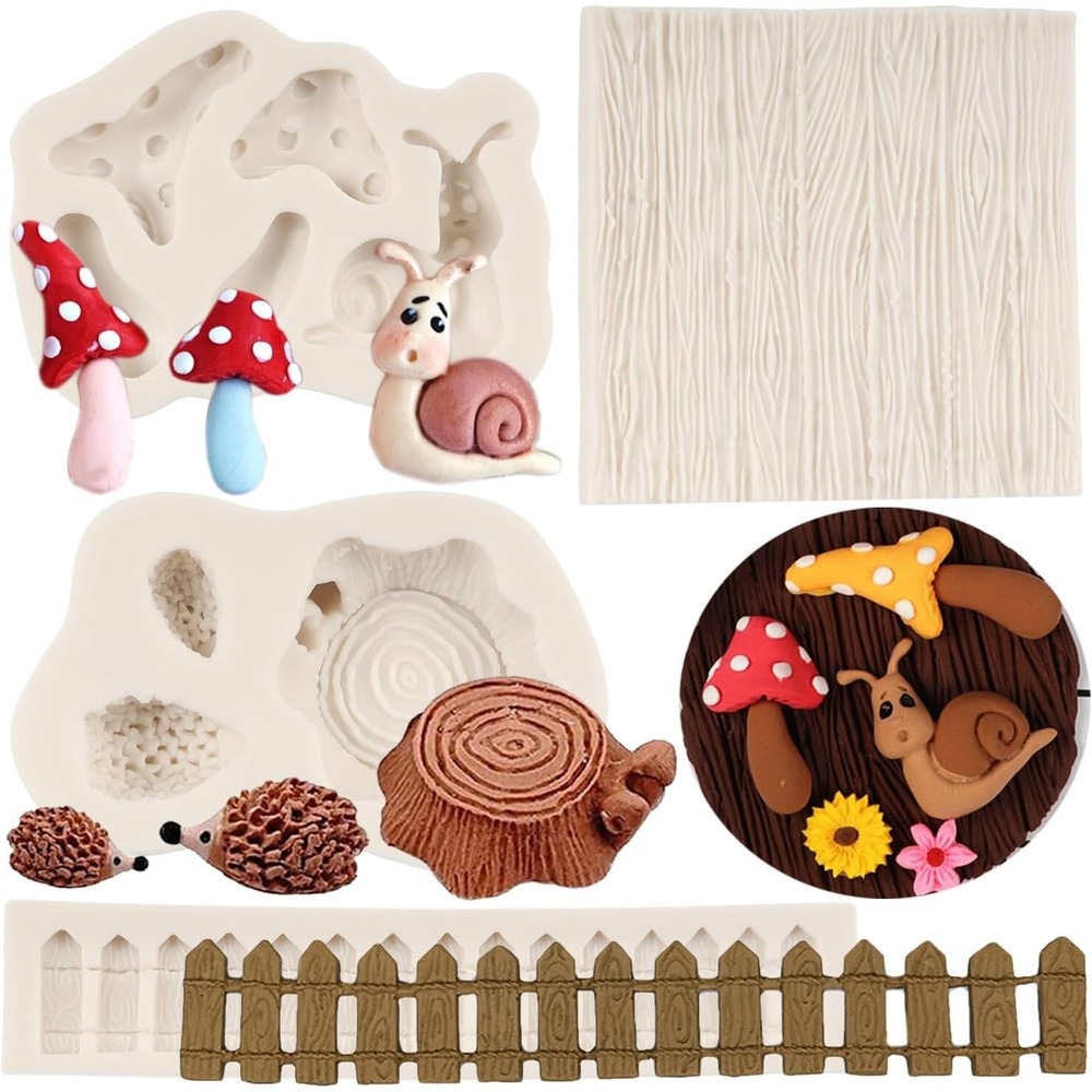 FCKEMLDS 4pc Fairy Garden Silicone Molds Wood Grain Fence Mushroom Tree Stump